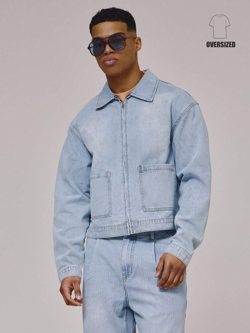 Light Denim Washed Slight Crop Oversized Boxy Fit Zip Through Double Front Pocket Detailing Jacket