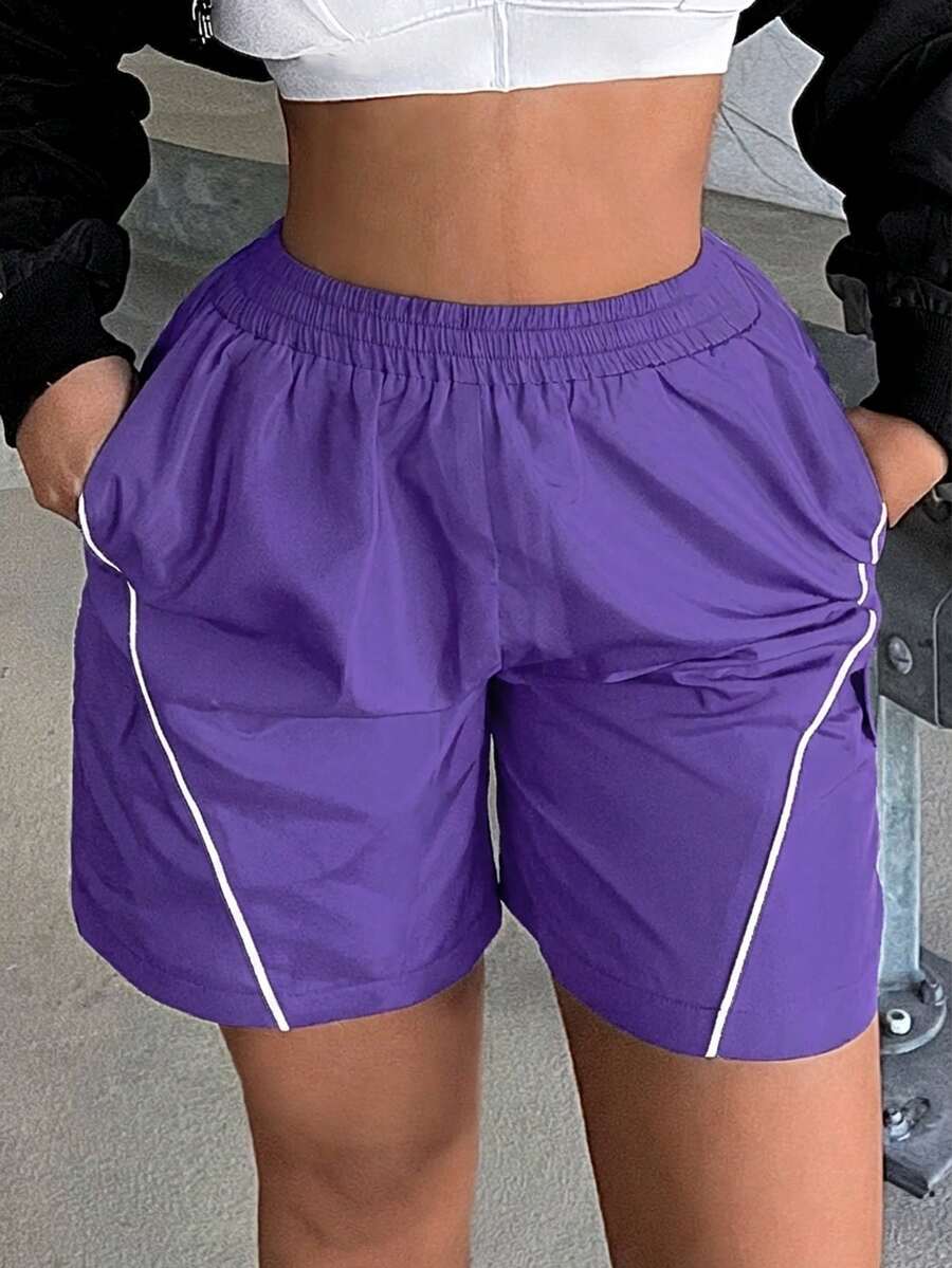 SHEIN SXY Pantalones cortos casuales con cintura elástica, plisados y versátiles con bolsillos para mujer - Morado - Ver 1