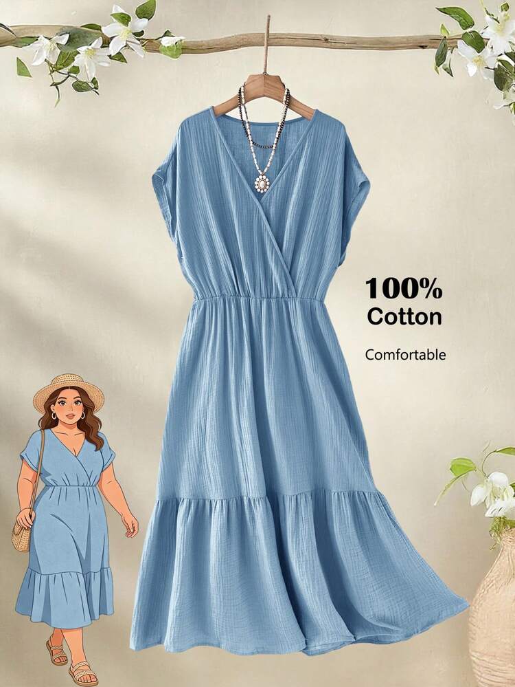 Plus Size Women's Summer Casual Vacation Country   Short Sleeve Solid Color Blue Mid-Length Dress, Comfortable & Relaxed,Plus Size Women's Summer Casual Vacation Country Short Sleeve Solid Color Mid-Length Dress, Comfortable & Casual/Summer,Comfortable And Breathable,Summer Holiday,Spring Break Outfits ,Vacation Outfits Women ,Holiday Outfits For Women,Going Out Outfits,2026 New Clothes,Simple And Fashionable For Everyday Wear,Casual Dresses For Women,Flowy Dress ,Suitable For Summer, Vacation, Commute, Daily Wear Cottagecore Dress Solid Color Dress,Vacation, Daily Wear, Festival Outfits For Women,Country Concert Outfit,Beach Outfits For Women,Western Style