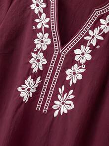 Linhara Plus Size Women Casual Minimalist Countryside Style Small V-Neck, Cotton Embroidered Fashion Ruffle Cuff Loose Blouse - Burgundy - View 5