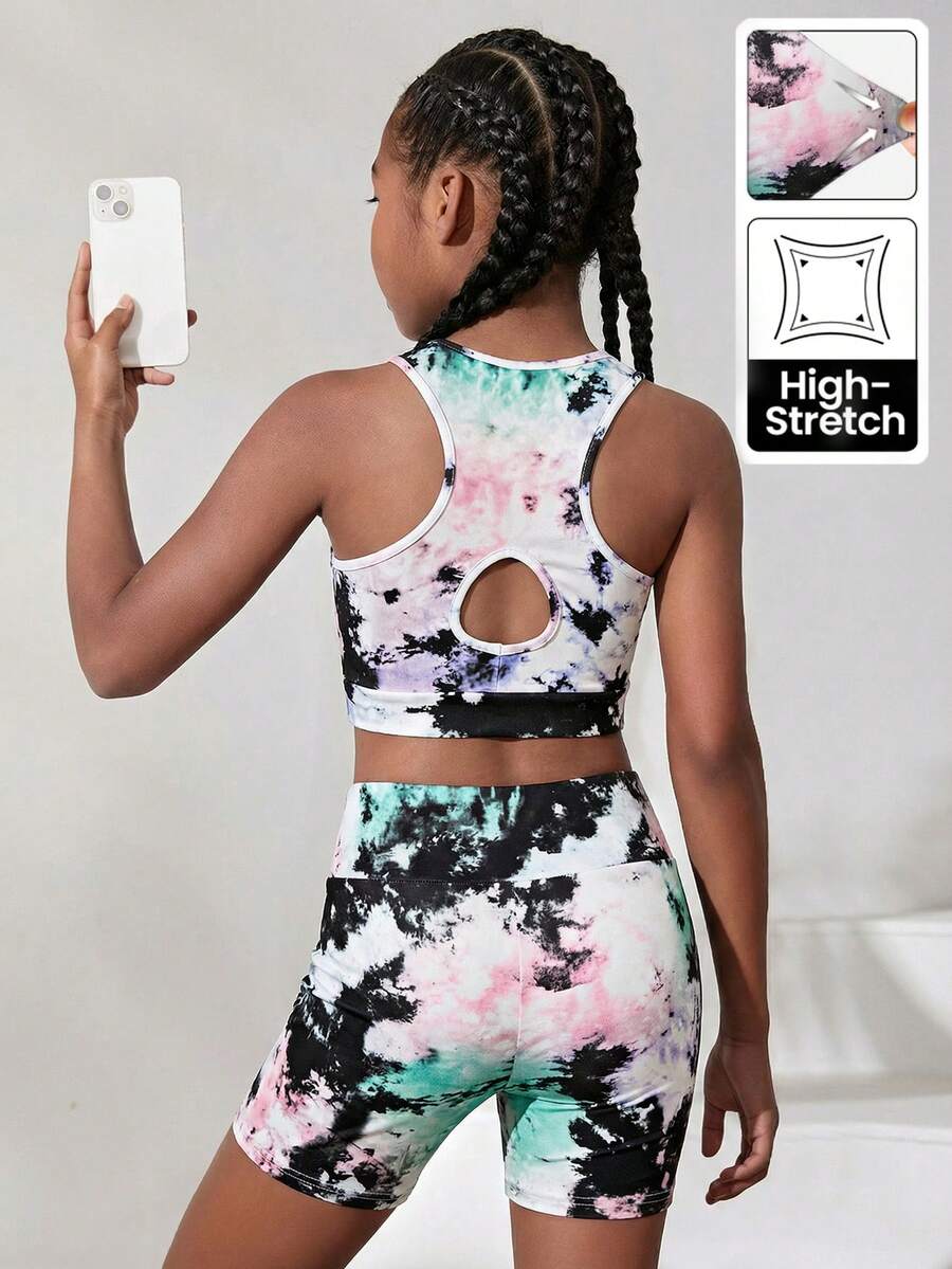 SHEIN Bộ đồ 2 món cho bé gái tuổi teen, gồm áo tank top dệt kim trơn, lưng khoét rỗng và quần short đạp xe, thích hợp cho yoga, ngày hội thể thao, đi học. - Nhiều màu - Xem 1