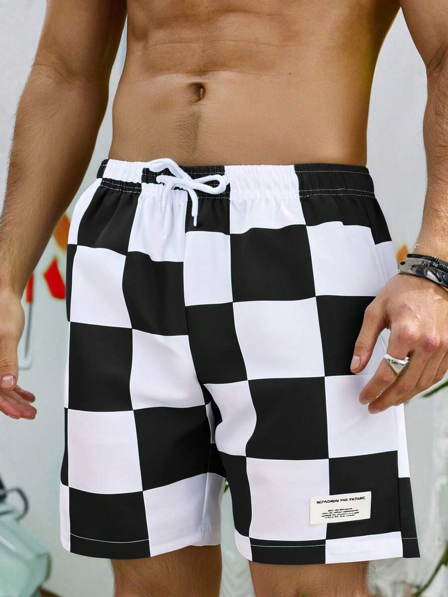 SHEIN Leap Crew Teen Boy's Casual Checkerboard Print Drawstring Waist Loose Beach/Swimming Shorts, Summer - Black and White - View 1