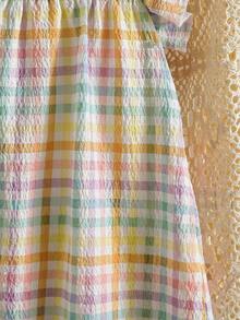 SHEIN Vintaside Kids 女嬰可愛粉綠格紋短袖迷你洋裝 夏日度假田園風清新圖案輕盈剪裁 適合戶外休閒派對 - 彩色 - 查看 8