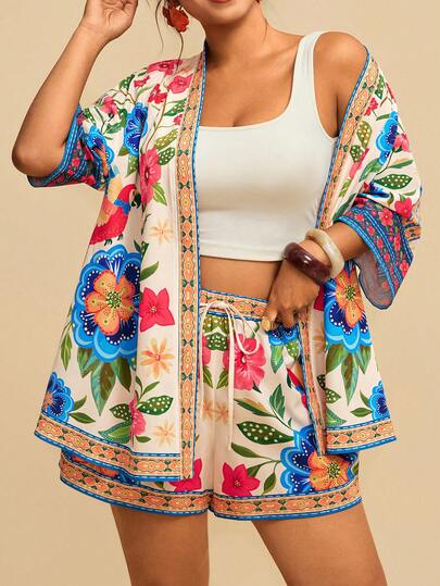 Travachic Plus Size Women Blue Leaf Print Kimono Shirt And Shorts Beach 2 Pieces Set