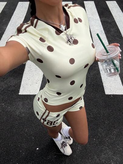 Muchica Conjunto deportivo casual de punto con estampado de lunares para mujer