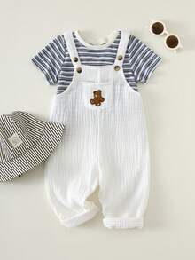 SHEIN 新生男宝宝可爱夏季度假休闲百搭米色卡通熊图案背带裤 - 彩色 - 查看 3