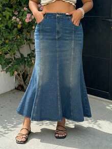 GalTyme Chân váy denim nữ cỡ lớn có túi và cúc, kiểu dáng thường ngày, đa năng, thích hợp cho hẹn hò và đi chơi. - Màu xanh lam - Xem 3
