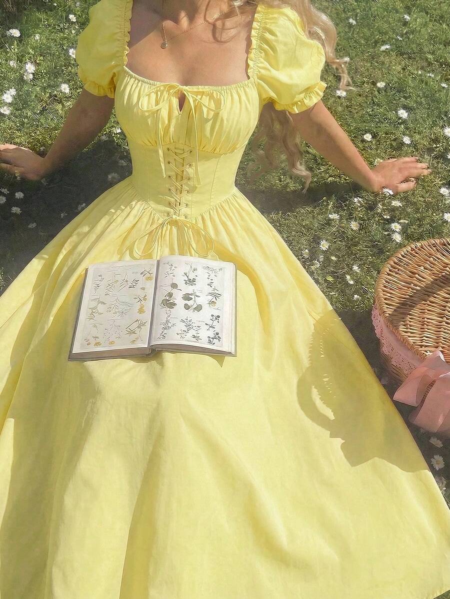 SHEIN MOD 粉色束腰方领花瓣袖连衣裙 - 鵝黃色 - 查看 1