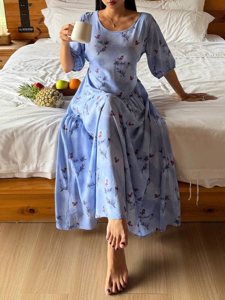 Chinese Style Allover Print Long Loose Summer Dress, Women Nightgown