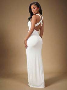 Radiana Đầm ôm sát màu trắng gợi cảm và thanh lịch dành cho nữ, thiết kế hở lưng với dây đeo vai mảnh đính hạt kim loại, đầm dạ hội màu trắng phù hợp cho các buổi hẹn hò, họp mặt, sinh nhật, tiệc tùng, tiệc chiêu đãi và các dịp trang trọng. - trắng - Xem 2