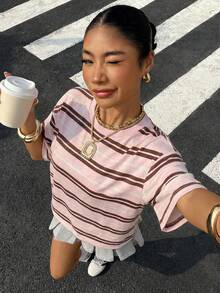 Muchica Áo thun nữ tay ngắn cổ tròn kẻ sọc kiểu dáng thường ngày - Nhiều màu - Xem 5