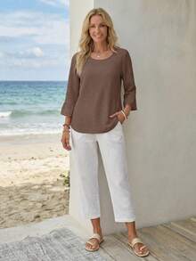 EMERY ROSE Women's Solid Color Minimalist Casual Round Neck Long Sleeve Shirt,Brown Top - Coffee Brown - View 3