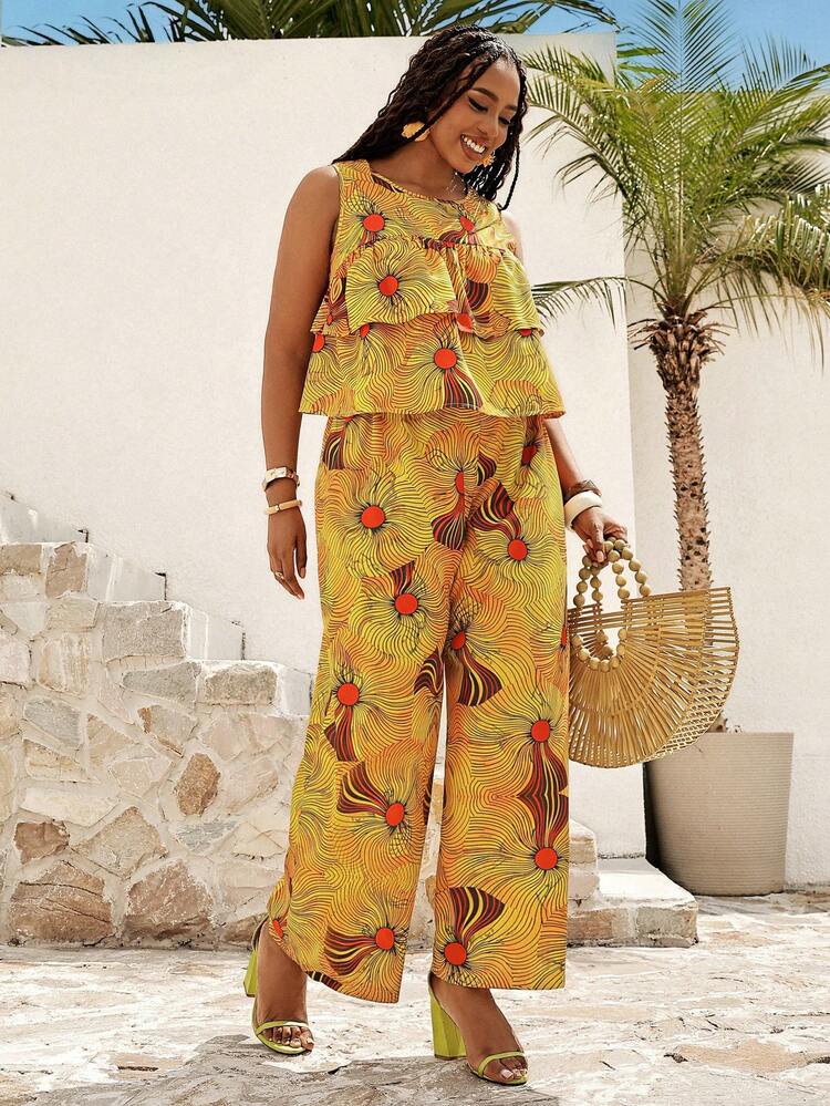 Plus Size Women Floral Print Top And Wide Leg Pants Casual 2 Pieces Set Summer Outfits Summer Clothes Spring Dress Spring Outfit Women Spring Clothing Beach Vacation Outfits For Women Vacation Dress Bohemian Festival Outfits For Women Beach Outfits For Women Going Out Outfits Women's Summer Co Ord Women 2 Pieces Outfit Casual Women Vacation Outfit Sets Women's Summer 2 Pieces Sets Women 2 Pieces Sets Yellow