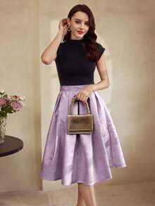 Vintamour 复古优雅女士提花缎面黑色半身裙，带口袋和喇叭裙摆，镂空设计，适合感恩节、公主风、音乐会等场合穿着。 - 淡紫色 - 查看 6