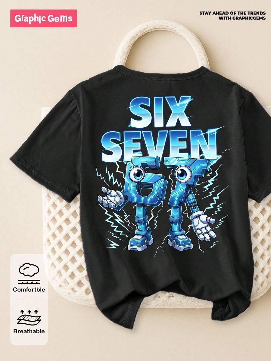 SHEIN 春夏休闲时尚创意个性清新简约数字67机械闪电标语印花基础款短袖T恤，舒适日常穿着，温暖的夏秋款式，适合春、夏、秋季穿着，男童款