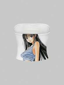 ROMWE Anime Áo croptop trắng in hình nhân vật hoạt hình dễ thương theo phong cách vintage Y2K, gợi cảm. - trắng - Xem 2