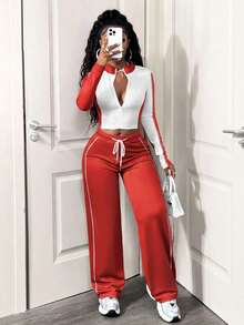 SHEIN BamGlam Bộ đồ hai mảnh thường ngày dành cho nữ, thiết kế phối màu, áo khoác dài tay có khóa kéo và quần ống rộng có dây rút, thích hợp cho mùa thu. - Đỏ - Xem 6
