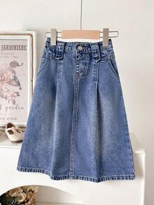 SHEIN Girls' Mid-Blue Washed Denim Elastic Waist Casual Skirt, Comfortable Soft Fabric, Suitable For Spring, Summer, Holidays, Outdoor Wear - Medium Wash - View 1