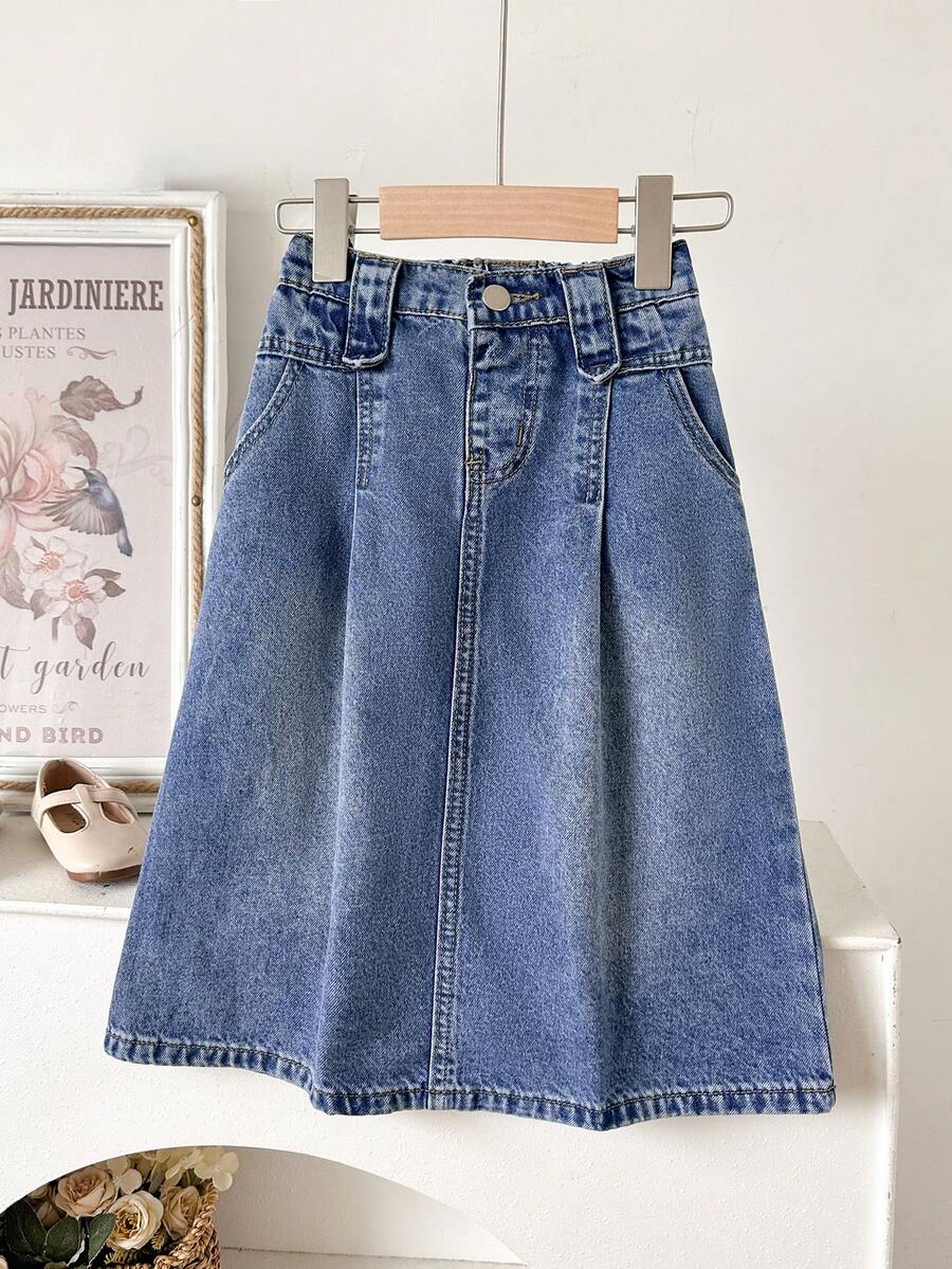 SHEIN Girls' Mid-Blue Washed Denim Elastic Waist Casual Skirt, Comfortable Soft Fabric, Suitable For Spring, Summer, Holidays, Outdoor Wear - Medium Wash - View 1