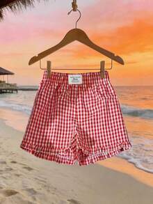 Comfortcana Women's Casual Red Plaid Ruffle Hem Shorts, Suitable For Summer - Red - View 5