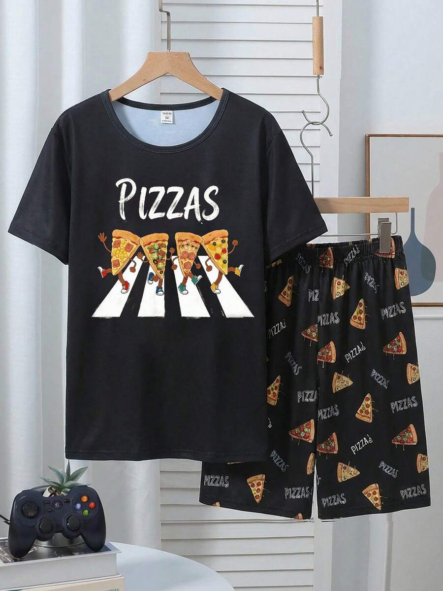 2pcs/Set Teenage Boys' Fashion Pizza Print Black Top And Shorts Pajama Set, Comfortable Milk Silk Fabric - Black - View 1