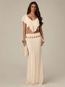 SHEIN BAE Women's Cream White 2-Piece Outfit,Ruffle Trim Top And Skirt Set,Summer Elegant Holiday Vacation Festival Outfits,Party Beach Wedding Guest Dress - Apricot - View 1