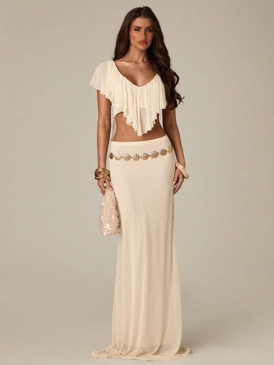 SHEIN BAE Women's Cream White 2-Piece Outfit,Ruffle Trim Top And Skirt Set,Summer Elegant Holiday Vacation Festival Outfits,Party Beach Wedding Guest Dress - Apricot - View 1