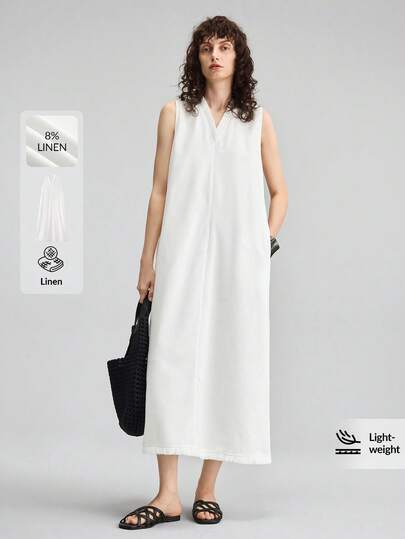 Ontre Linen Fabric Women's Beige Comfortable Soft Fabric Round Neck Sleeveless A-Line Dress With Side Pockets, Tassel Trim Design, Boho Beach Vacation Outfit, Country Music Festival Western Style, Casual Chic Low-Key Vintage High-End Cruise Wear, Minimalist Luxurious Quality Essential Outfit, Versatile Business Casual Urban Commuter Dress, High-Quality Airport Fashion, Suitable For All Seasons, Resort Series Women Long Dress