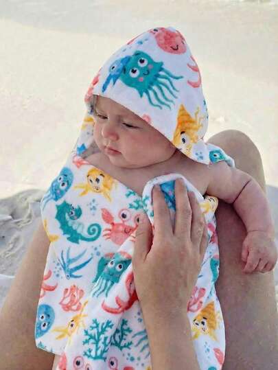 SHEIN Áo khoác có mũ in hình sinh vật biển hoạt hình dễ thương cho bé sơ sinh, thích hợp cho đi biển và kỳ nghỉ.