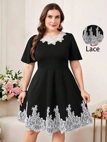 Levarali Plus Size Elegant Lace Hand-Embroidered Floral Black And White Dress,Short Sleeve Contrast Color Summer Wedding Guest Dress,Luxury Evening Outfits - Black and White - View 6