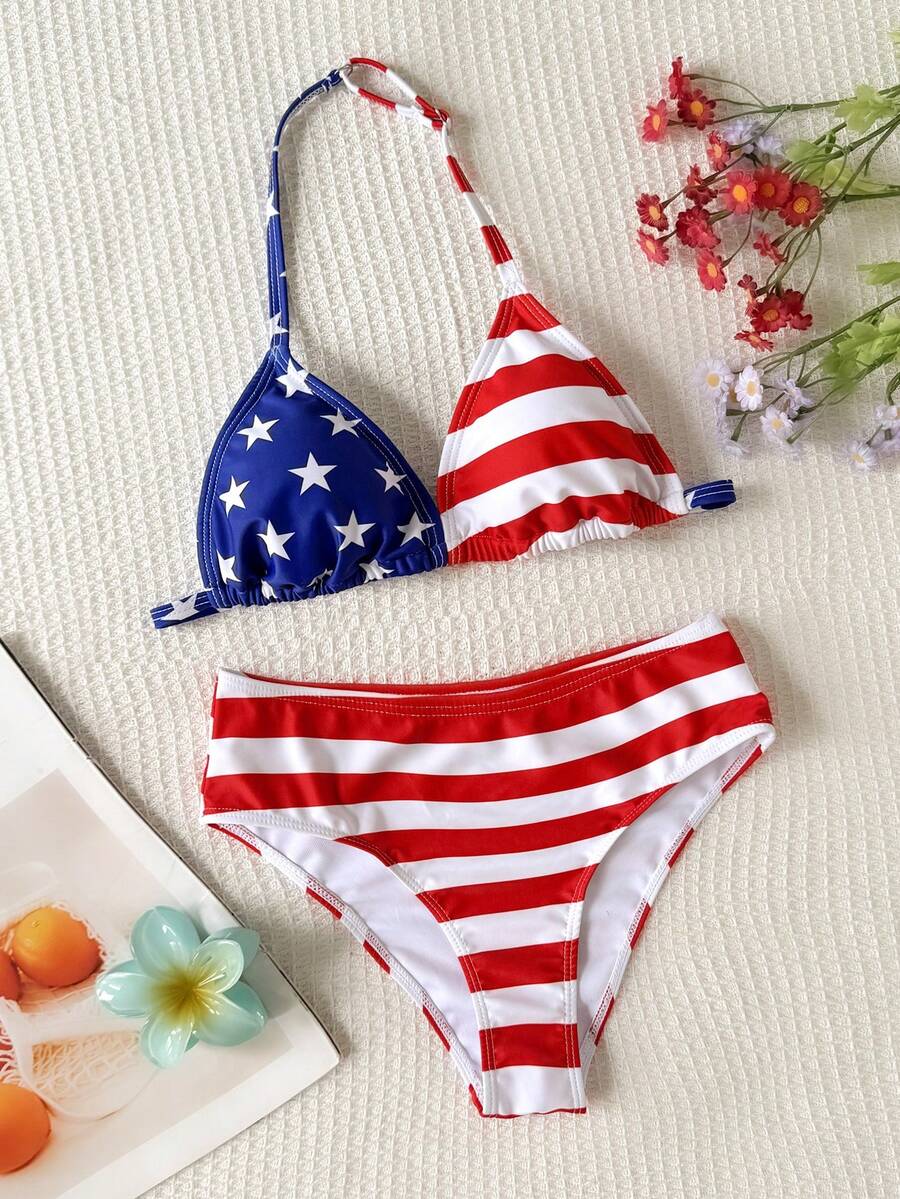 SHEIN 少女7月4日美国国旗印花比基尼套装,休闲度假沙滩装 - 彩色 - 查看 1