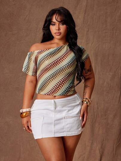 Rustia Plus Size Women's Colorful Asymmetric Neck Cinched Waist Casual Vacation Textured Loose Lightweight Summer Fashionable Vacation Beach Daily Wear Asymmetric Neck Cinched Waist Slimming Casual Top T-Shirt