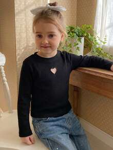 Hapijoa Baby Girl Plain Heart Hollow Round Neck Long Sleeve Top,Toddler Fall Clothes - Black - View 4