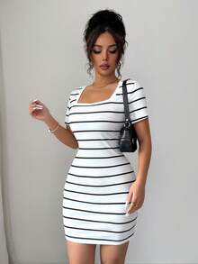 Elenzga Đầm hè mới cho nữ, trang phục đi nghỉ mát thường ngày, đầm dự tiệc, trang phục lễ hội năm 2026, đầm đi biển, đầm đi biển thanh lịch, đầm ôm dáng thường ngày, đầm chữ A tay ngắn kẻ sọc đen trắng cổ điển gợi cảm lãng mạn. - trắng - Xem 5