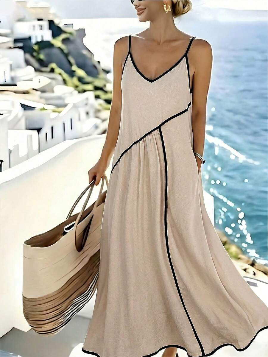 Balvessa Abito lungo da donna con pieghe a contrasto di colore, casual e da festa - Multicolore - Visualizzare 1