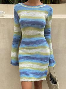 DAZY Đầm len hở lưng kẻ sọc dành cho nữ, thích hợp cho kỳ nghỉ biển. - Màu xanh lam - Xem 4