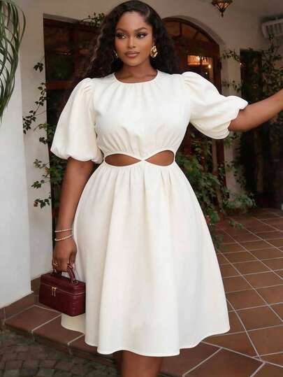 Veslaya 2026 Spring/Summer Plus Size Women's Music Festival, Easter, Western, Nomadic, Birthday Party, Graduation, School, Daily, Casual, Vacation, Cruise, Beach, Sunbathing, Trending, Streetwear, Wedding Guest, Commute, Brunch, Airport, Party, Event, Elegant Apricot Textured Round Neck Petal Sleeve Cutout Waist Mini Dress Plus Size Dress Cream Dress Midi Dress Cut Out Dress White Dress Puff Sleeve Dress Women's Dresses