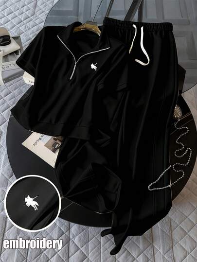 GlowEve CURVE 2件套浅黄色刺绣半领套头卫衣及休闲运动套装，加大码