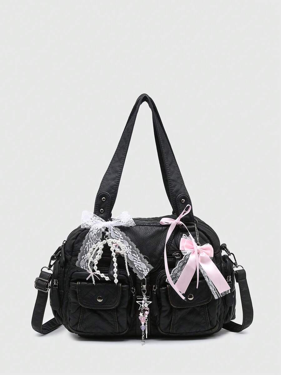 ROMWE Kawaii Women's Retro Distressed Gradient Cross & Heart Pendant Decoration Bowknot Strap Tote Bag, Large Capacity Shoulder Bag With Multiple Pockets - black gold - View 1