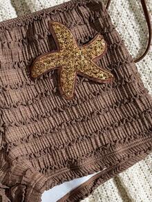 Swim SXY Summer New Multicolor Textured Fabric Ocean Starfish Decor Accessories Straight Leg Pants Halter Tie Beach Vacation Women 2 Pieces Swimwear Set - Coffee Brown - View 4