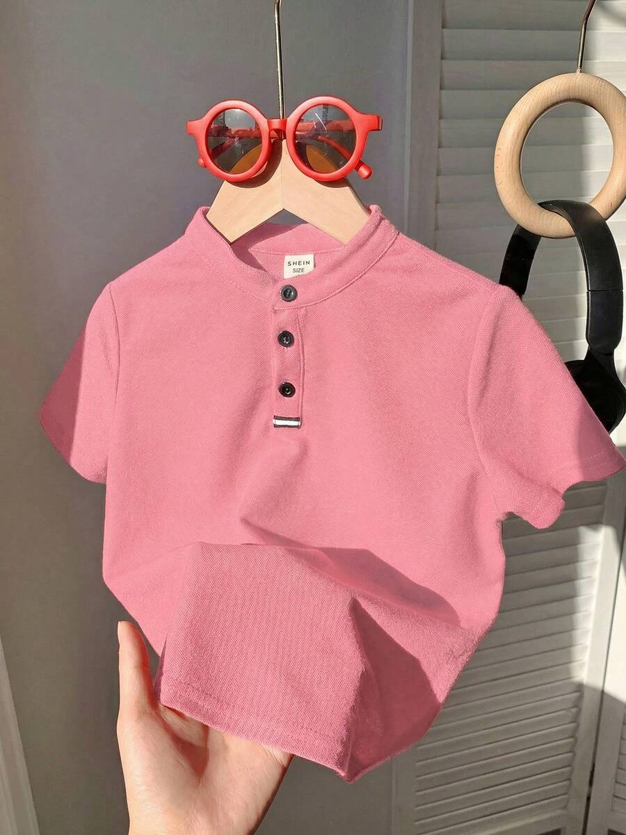 SHEIN Little Byeori 儿童/青少年男童休闲百搭舒适立领半拉链宽松套头短袖纯色针织polo衫,适合通勤、上学、日常休闲、度假、运动、春夏穿着。 - 粉色 - 查看 1