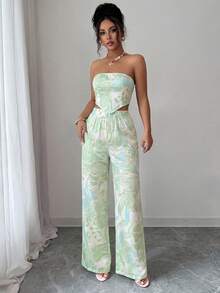 SHEIN Tall 露背系带蝴蝶结短款上衣和印花半裙两件套，优雅浪漫，度假必备 - 彩色 - 查看 3