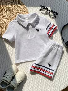 SHEIN 2 pièces/set Ensemble Top à col polo rayé et short pour bébé garçon, imprimé de dessin animé mignon d'été en tricot, tenue de sport décontractée - Multicolore - Voir 8