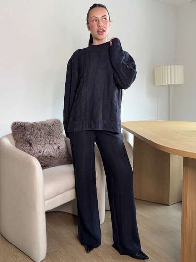 Abrilcols 女式海军蓝圆领长袖休闲毛衣上衣和裤子两件套，冬季服装