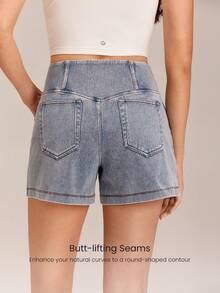 GLOWMODE Quần short denim Luxe PimaSoft Confident Strides 4 inch thoáng khí, cạp chéo, đường may nâng mông, thích hợp mặc hàng ngày vào mùa hè. - Màu xanh nhạt - Xem 3
