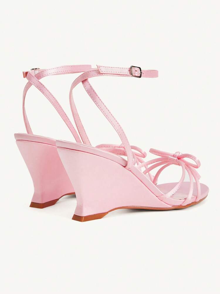 CUCCOO CHICEST Women Shoes Pink Satin Satin Bow Design Fashion Thin Strip Strap Daily Commute Ankle Strap Wedge Heel Sandals Summer Shoes