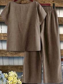 EMERY ROSE Plus Size Women's Spring/Summer Asymmetrical Collar Floral Puff Sleeve Regular Shirt + Elastic Waist Loose Casual Pants 2-Piece Set - Khaki - View 2