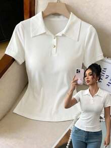 GlowEve CURVE Plus Size White Ribbed Knit Short Sleeve T-Shirt, Button Detail Casual Top Button Shirt White Polo Shirt Collared Shirt Ribbed Shirt Short Sleeve Polo Button Detail Shirt Ribbed Knit Top - White - View 3
