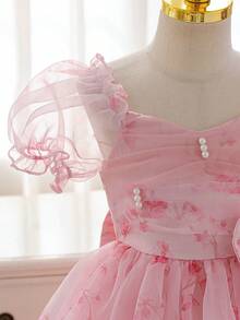 Glamorique Kids Đầm dự tiệc cho bé gái, màu hồng in hoa, tay áo cánh hoa và nơ trang trí phía sau, kiểu đầm công chúa. - Hồng - Xem 7