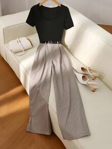 Franclia Women's Solid Color Round Neck Short Sleeve T-Shirt And Striped Wide Leg Pants Casual Suit - Khaki - View 4